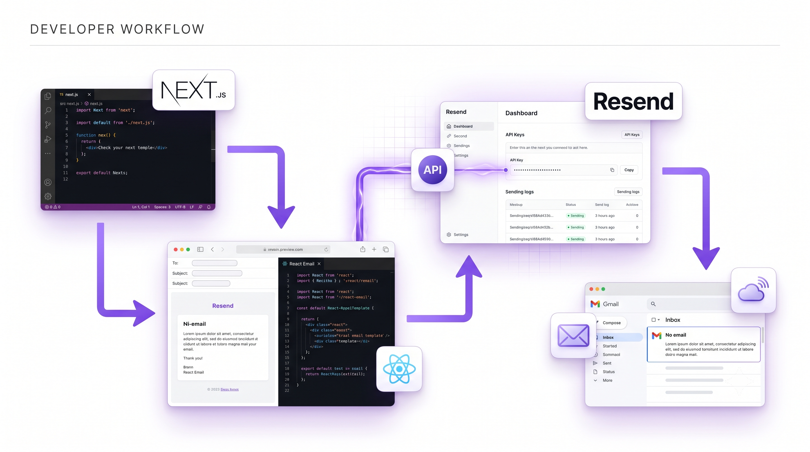 Next.js and Resend developer workflow — API route, email template, dashboard, and Gmail inbox